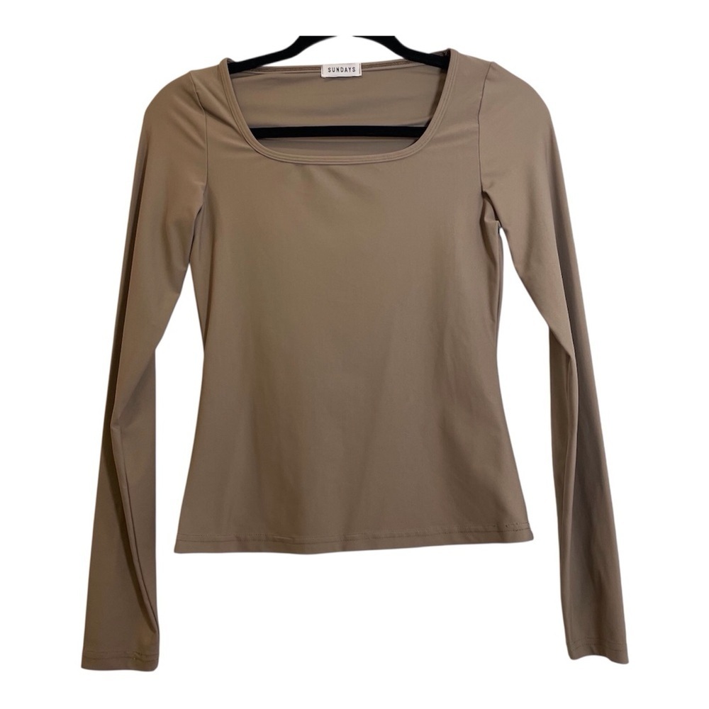 Sundays Tan Stretch Long Sleeve Top Square Neck Fitted Minimalist Neutral Size M - Picture 2 of 12